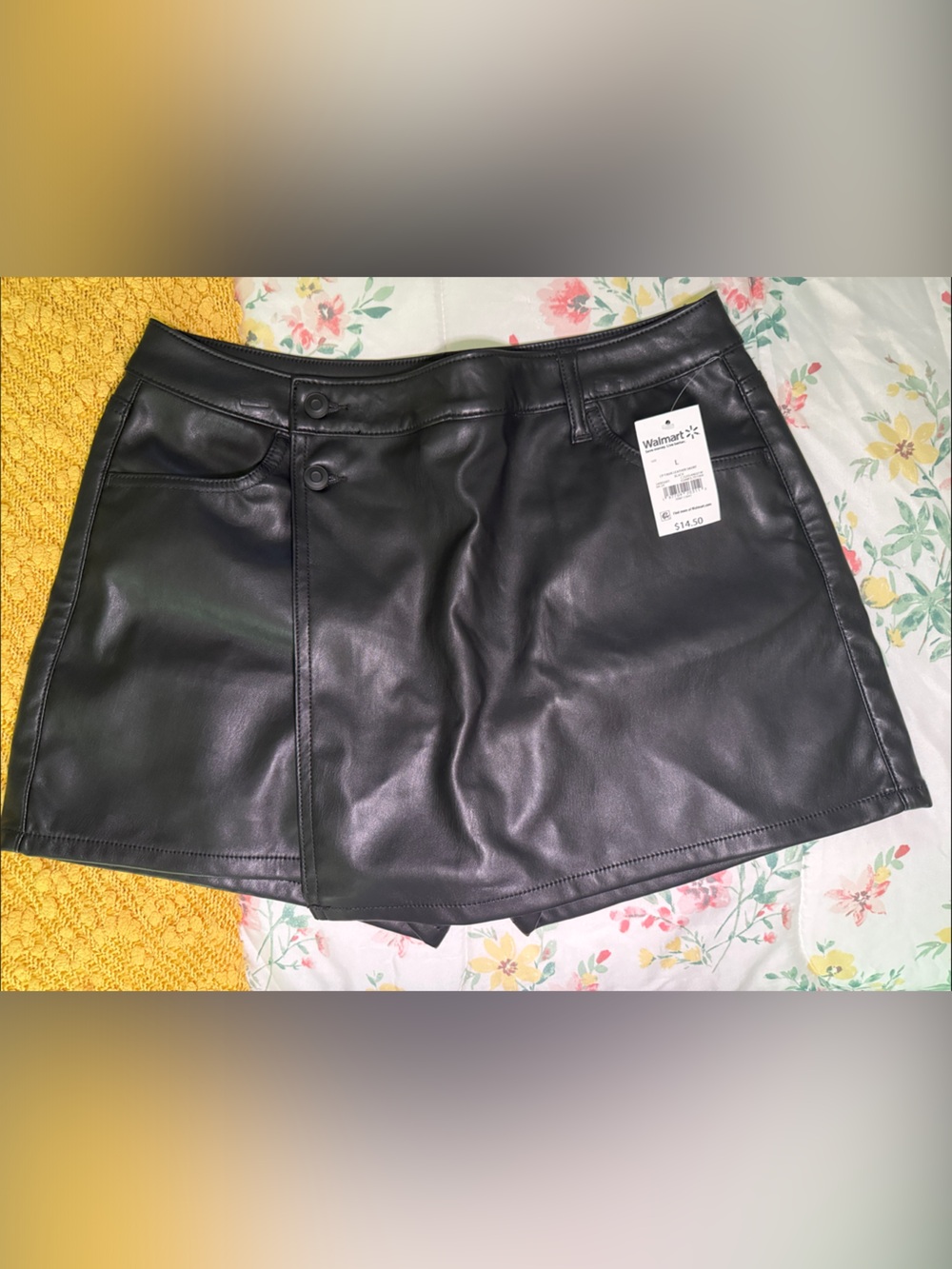 Celebrity Pink Black Faux Leather Skort with Front Wrap Detail